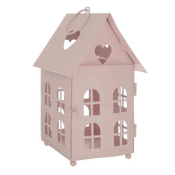 Декоративный домик-фонарик, метал, нежно-розовый, 11х11х18см
