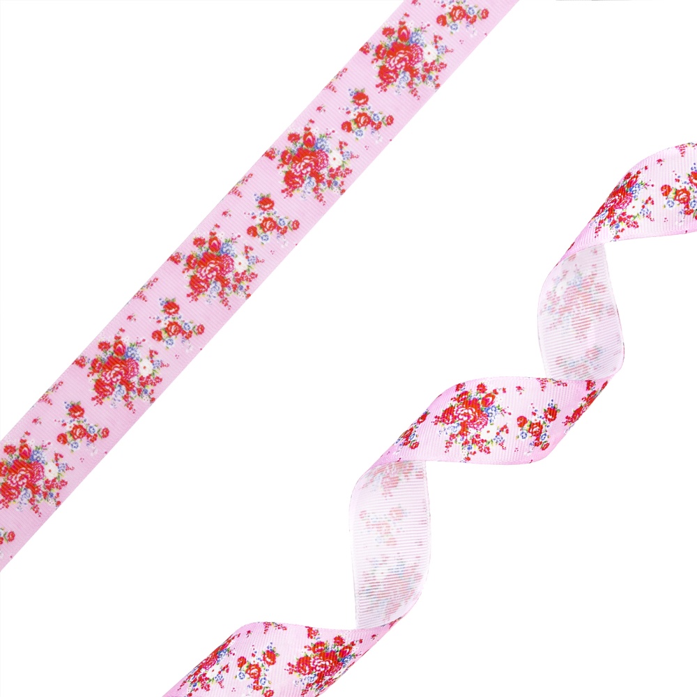 Лента репсовая №6527 2,5см с рисунком СК08  (01, розовый, цветы, )