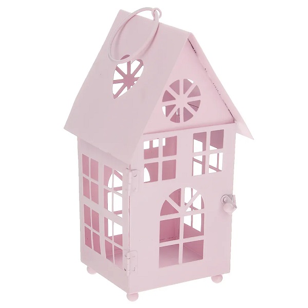 Декоративный домик-фонарик, метал, нежно-розовый, 9х9,5х17см