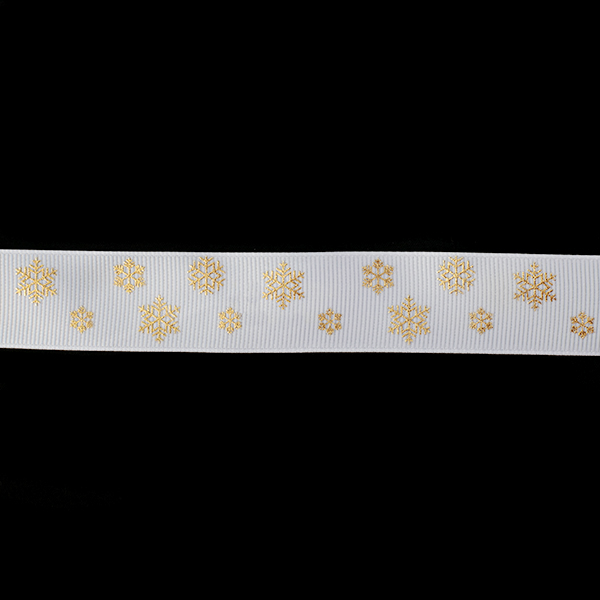 Лента репсовая 2,5 см с рисунком "Снежинки" (белый/золото)