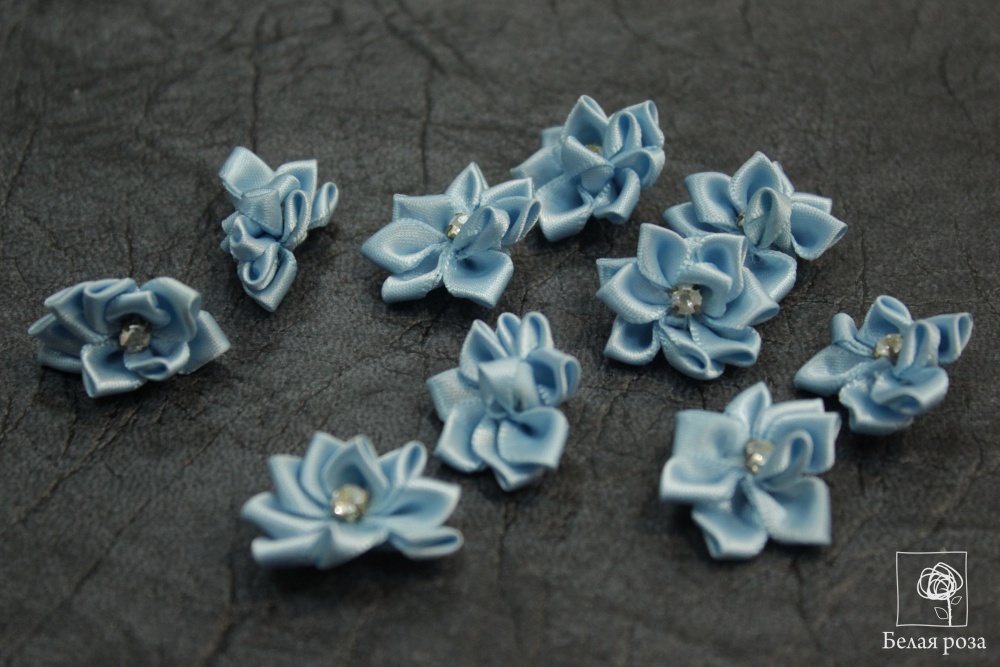 Цветы пришивные розочка атласная со стразой  (уп=5шт)    (5, голубой)