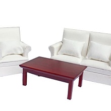 Набор диван, кресло белая ткань и журнальный столик цвет махагон