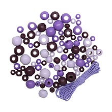 Набор деревянных бусин со шнуром, фиолетовый микс, 6,8,10,12мм, 90шт/упак, Ас...