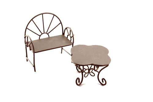 Металлические мини столик-ромашка и кресло коричневые; Стол:5.5*4.5см Кресло:5*6.5см